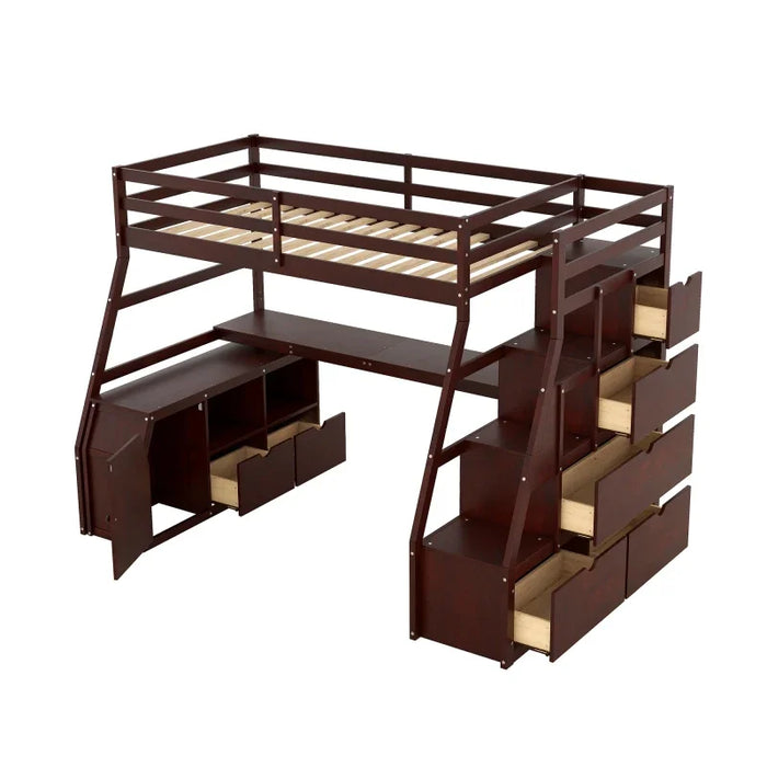 Twin Size Loft Bed with with 7 Drawers 2 Shelves and Desk Easy to assemble for indoor bedroom furniture