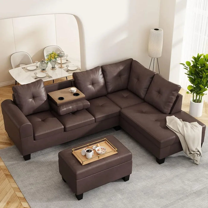 Sectional Sofa, L Shape Sofa, Right Recliner and Storage Footstool, Small PU Leather Living Room Sofa Sectional,