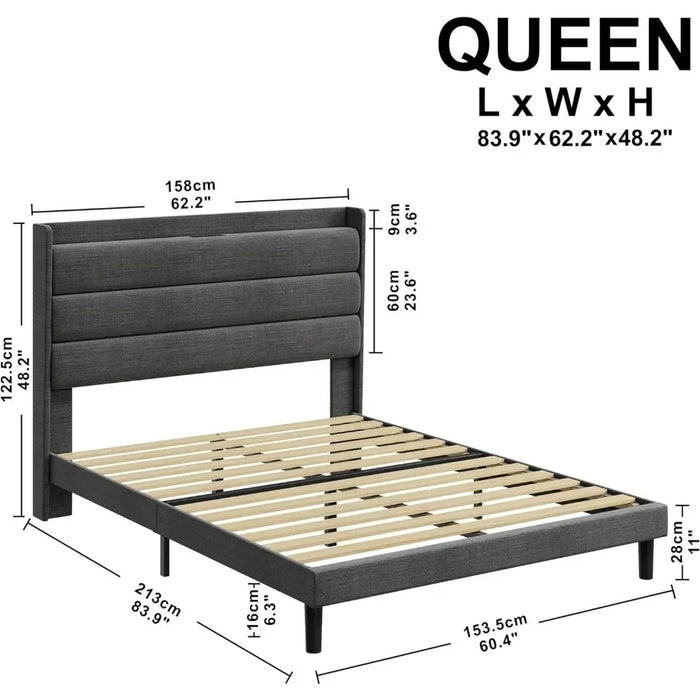 Bedroom bed frame, queen size bed frame, sturdy and stable, noiseless,springless,storage headboard with socket,bedroom bed frame