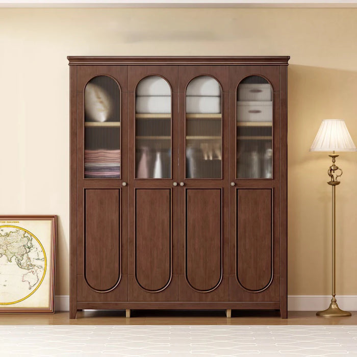 Solid wood wardrobe, household bedroom storage, four door wardrobe, French style wardrobe, glass door shoe cabinet