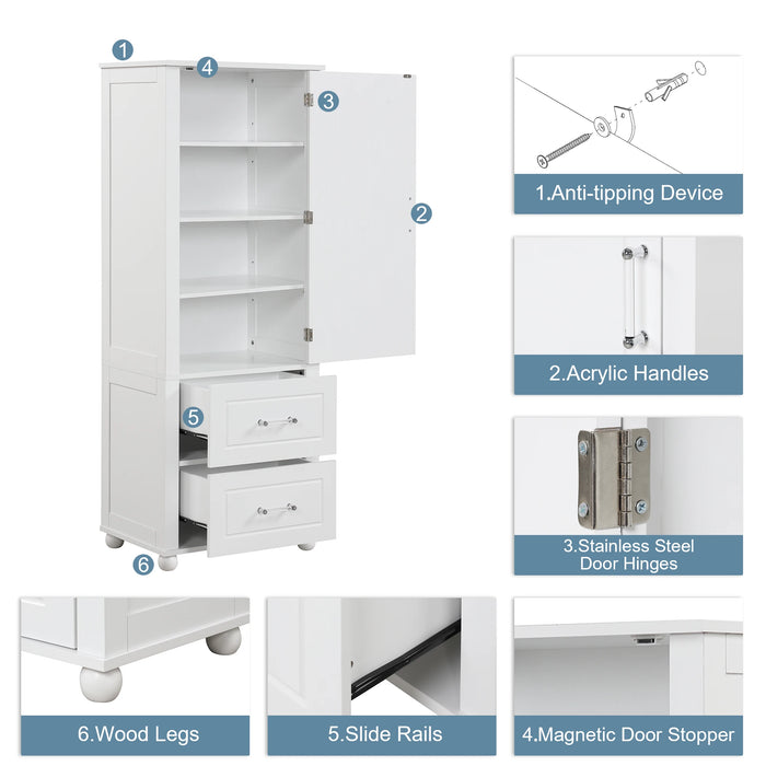 Tall Bathroom Storage Cabinet, Freestanding Storage Cabinet with Two Drawers and Adjustable Shelf, MDF Board with Painted Finish