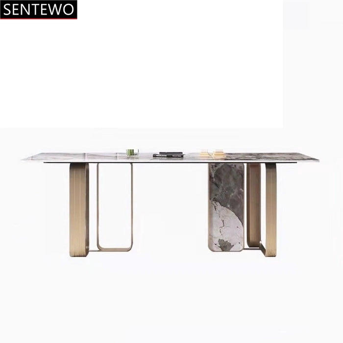 Luxury Rock Slab Dining Table 6 Chairs Set Metal Titanium Glaze Gold Frame Faux Marble Table Kitchen Furniture Eettafel Comedor