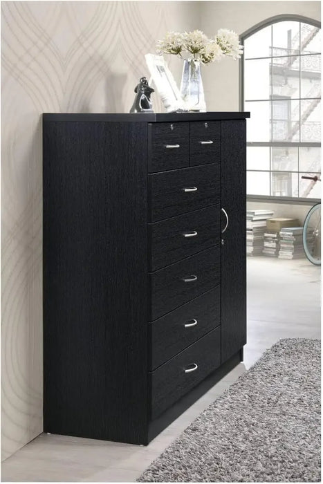 7 Drawer Jumbo Chest, Five Large Drawers, Two Smaller Drawers with Two Lock, Hanging Rod, and Three Shelves | Black