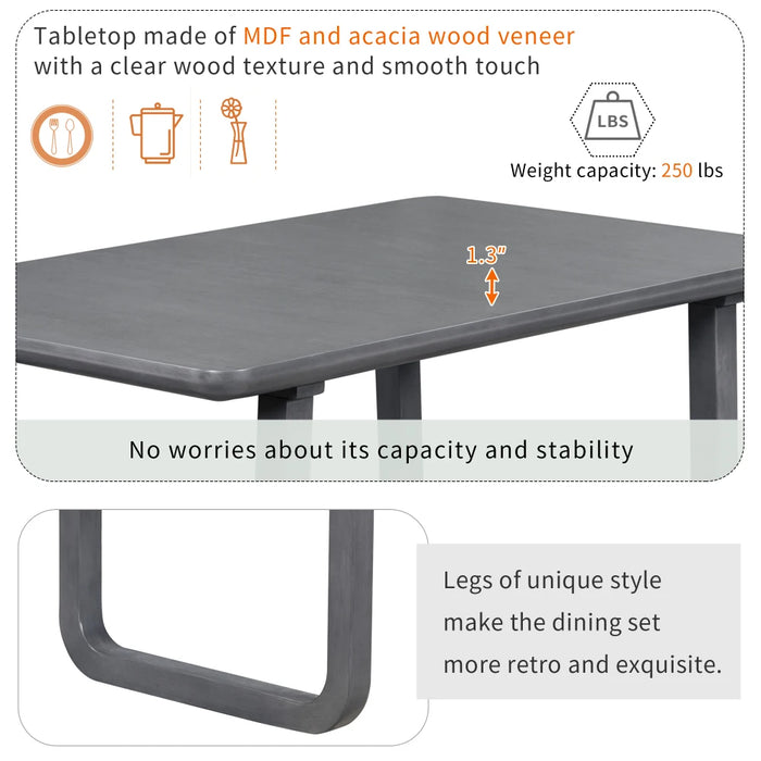 6-Piece Retro Dining Set with Dining Table, 4 Upholstered Chairs,Bench with Cushions for Dining Room,Gray/Beige
