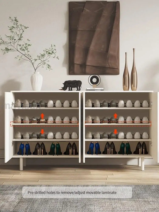 White Cabinet For Hallway 2 Door And 4 Layers Solid Wood Frame Shoe Cabinet Minimalist Style Entrance Closet Modern Sideboard