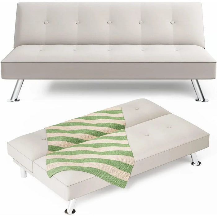 Sofa Bed Convertible Folding Futon Upholstered Sleeper Compact Fabric Recliner Sofa Legs Beige Couch