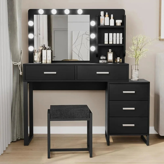 Dresser, with Mirror and 10 LED Lights, with 2 Drawers and Chairs, with 3 Mirrors and Stools, with Gold Metal Frame, Dresser