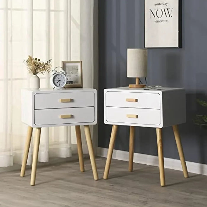 Set of 2 Nightstand End Table,Mid-Century Modern Wood Storage Bedside Table with 2 Drawers,Nightstand Furniture Suitable(White)