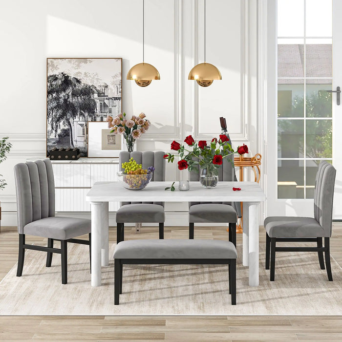 6-Piece Dining Table Set with Marble Veneer Table and 4 Flannelette Upholstered Dining Chairs & Bench