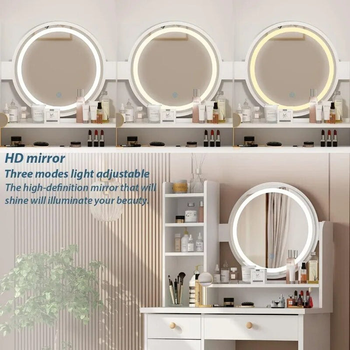 Makeup Vanity Set Dresser Desk with 5 Drawer and Shelf Round Mirror with Touch Screen and Light Vanity Set with Cushioned Stool