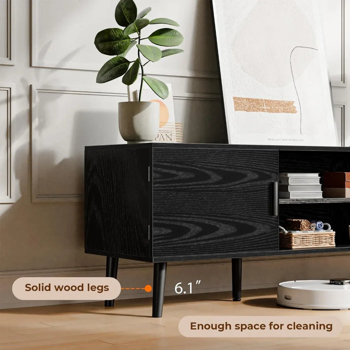 Media Console Furniture for Tv Stands 2 Cabinets Tv Stand Living Room Furniture Cord Holes Bedroom Solid Wood Feet Black Cabinet