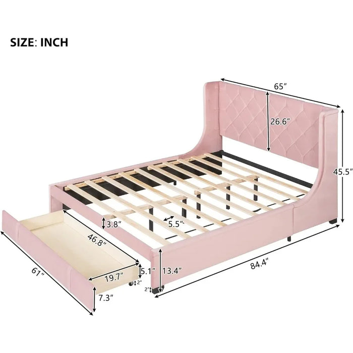 Large Upholstered Platform Bed Frame with Storage Drawers, Velvet Bed Frame, Sturdy Wooden Slatted Support, Pink
