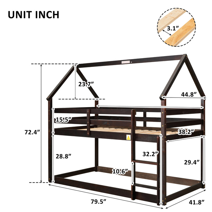 Bunk Bed for Kids Toddlers, Twin Over Twin Bunk Beds ,  Playhouse Farmhouse Roof Guardrail Ladder, for Girls & Boys