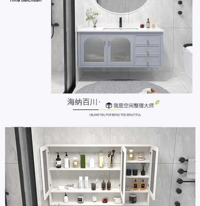 70-150cm Slate Bathroom Furniture Vanity Cabinet With Sink Cute Bear Mirror Integrated Solid Wood Style Cabinet Companion Wash
