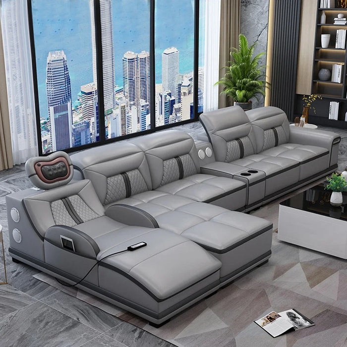 Italian Genuine Leather Sectional Sofa with Bluetooth, Speaker, Functional Headrest and Massage Chaise Lounge Couch