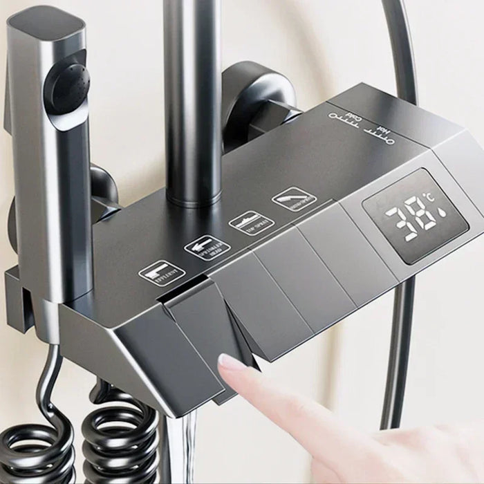 Bathroom Brass Shower System Full Set Grey Rain Showers Hot Cold Bathtub Faucet Shower Sets 4 Way Digital Temperature Shower Set