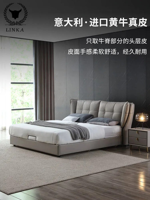 Italian style light luxury modern minimalist master bedroom leather headboard cowhide leather bed Nordic double bed