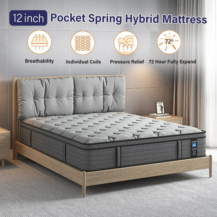 2024 New 12 Inch Gel Memory Foam Pocket Spring Hybrid Mattress, Grey