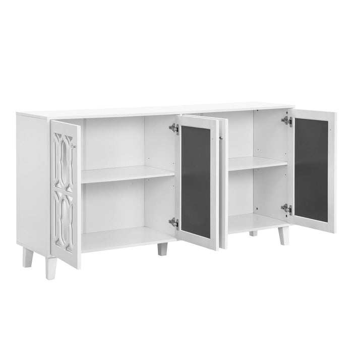 Buffet Cabinet with Adjustable Shelves, 4-Door Mirror Hollow-Carved TV stand for TVs Up to 65'', Multi-functional Console Table