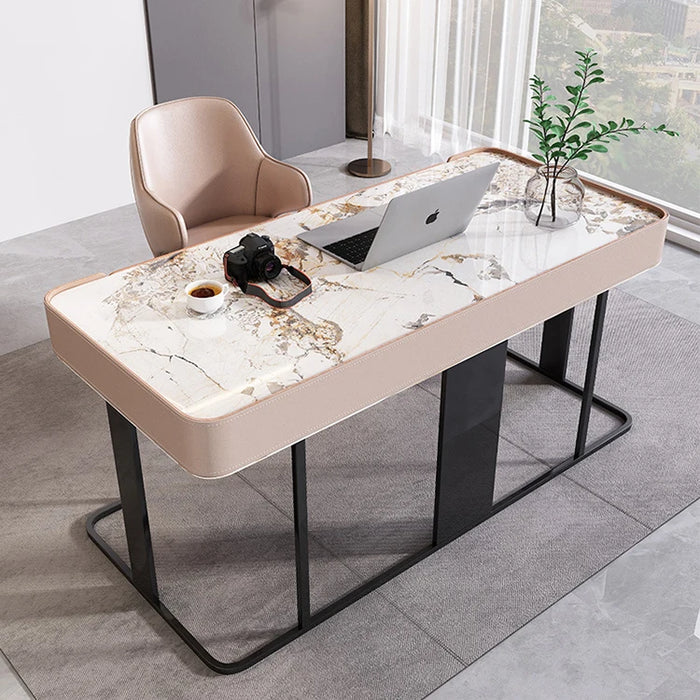 Modern home executive office desk resin table top saddle leather golden legs luxury antique study table