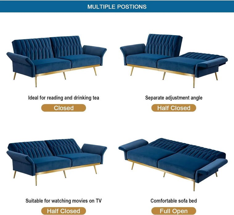 70" Velvet Convertible Futon Sofa Bed, Mid Century Modern Decor, Tufted Loveseat Couch Sleeper Futon Sofa with Adjustable