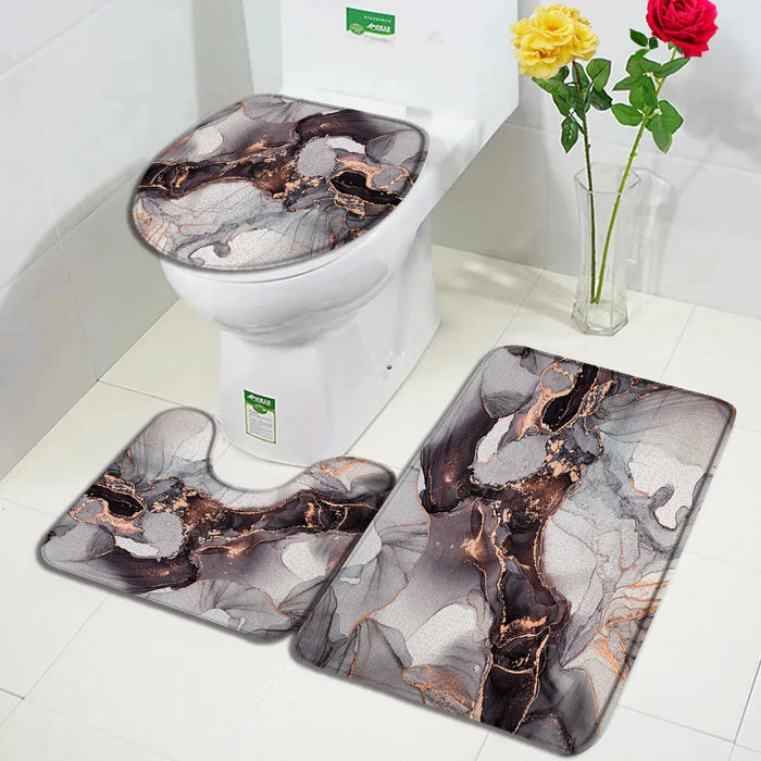Abstract Blue Marble Bath Mats 3pcs Set Creative Gold Line Geometric Flannel Carpet Bathroom Decor Rug Non-Slip Toilet Cover Mat
