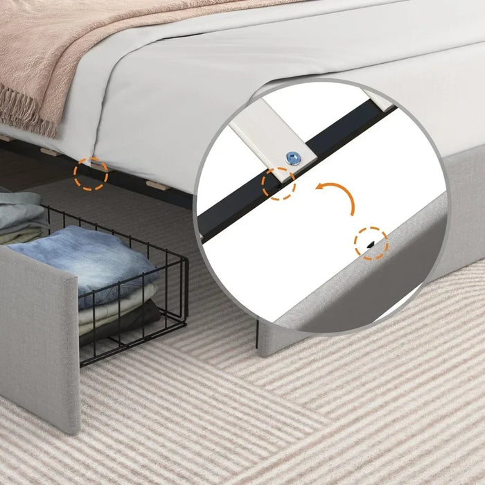 Bed Frame, Upholstered Large with 4 Storage Drawers and Adjustable Headboard, Sturdy Plank Support, Platform Bed Frame