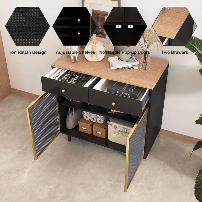 Modern Buffet Sideboard Cabinet, Iron Rattan Kitchen Accent Storage Cabinet Console Television Table with 2 Doors and 2 Drawers,