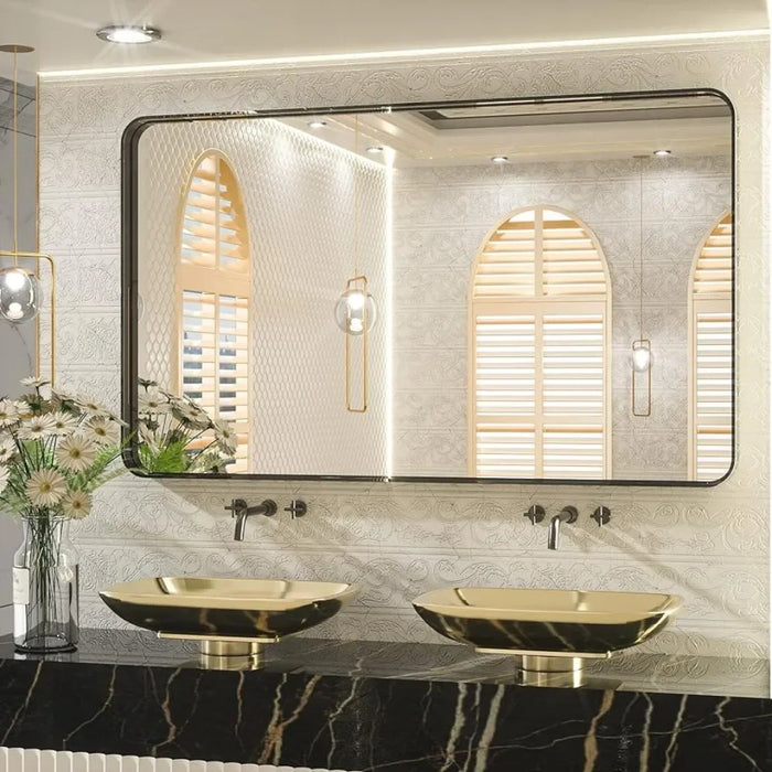 Toilet Mirror Bathroom Mirrors Matte Black Modern Metal Frame Rectangle Wall Mounted Vanity Mirror Makeup Shower Led Light Home