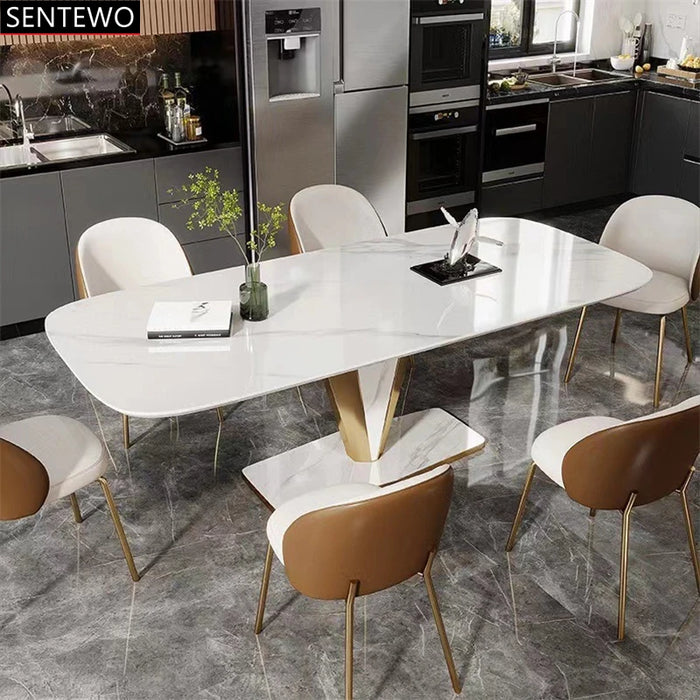 Luxury  Rock Slab Kitchen Dining Table Dinning Chair Set Stainless Steel Golden Base Faux Marble Table Chair Muebles De Cocina