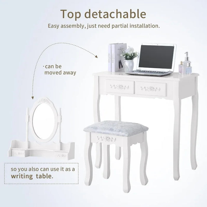Table Set with 4 Drawer,Bedroom Furniture Set Oval Mirror White
