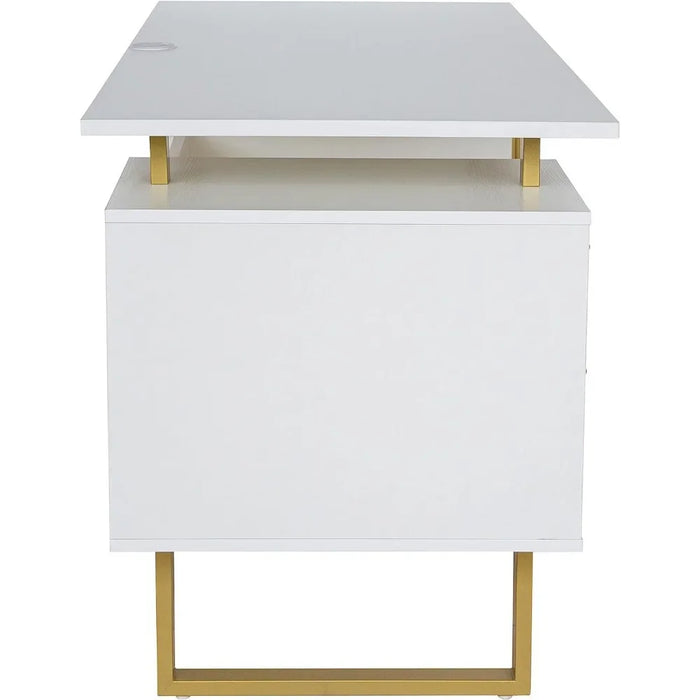 Storage Drawers and Cabinet 51.25” W-Modern Office Large Floating Desktop Surface Desk White/Gold Freight Free Computer Table