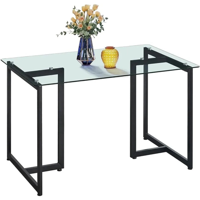 47" Modern Rectangular Dining Table with Spacious Tempered Glass Tabletop & Black Legs Elegant for Home Kitchen Restaurant