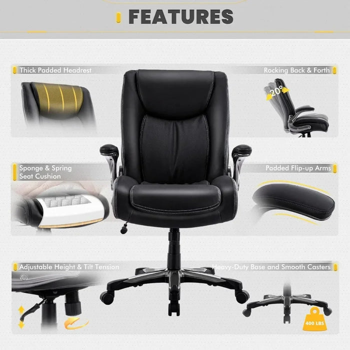 Large Heavy Duty High Back Executive Computer Office Desk Chair Flip-up Arms Wide Thick Seat for Home Office Black Gaming Gamer