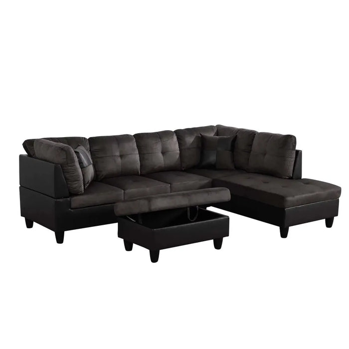 Sectional Sofa, 3 Piece Living Room Couch with Storage Ottoman, Right Facing Chaise, Espresso
