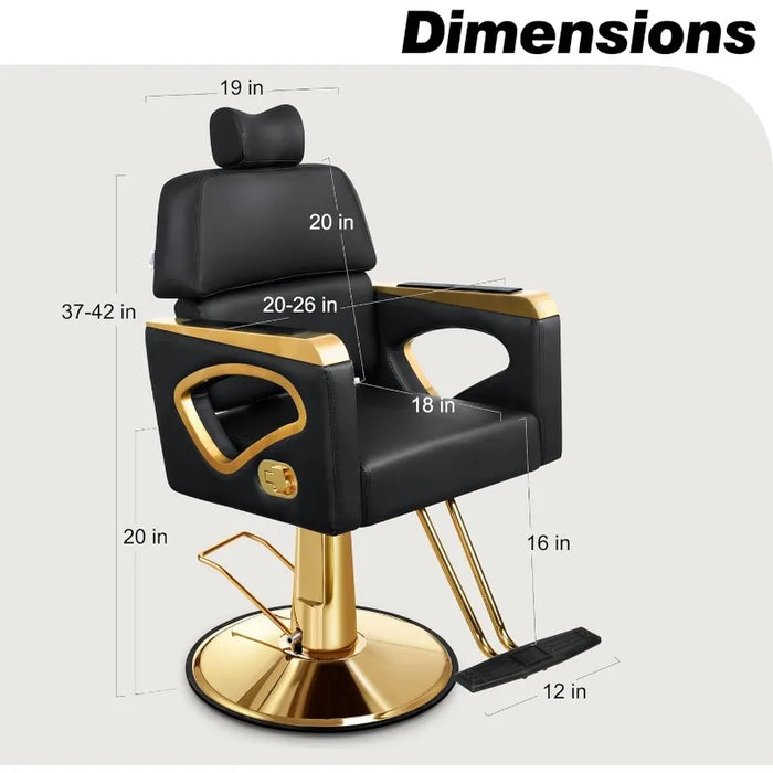 Reclining Salon Chair with Adjustable Backrest & Lumbar Support, Heavy Duty Black Gold Barber Chair with Durable Steel Frame