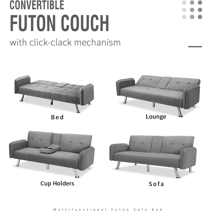 Futon Sofa Bed, Convertible Couch with 2 Cup Holders, Loveseat with Armrest for Studio, Apartment, Office,Living Room,Light Grey