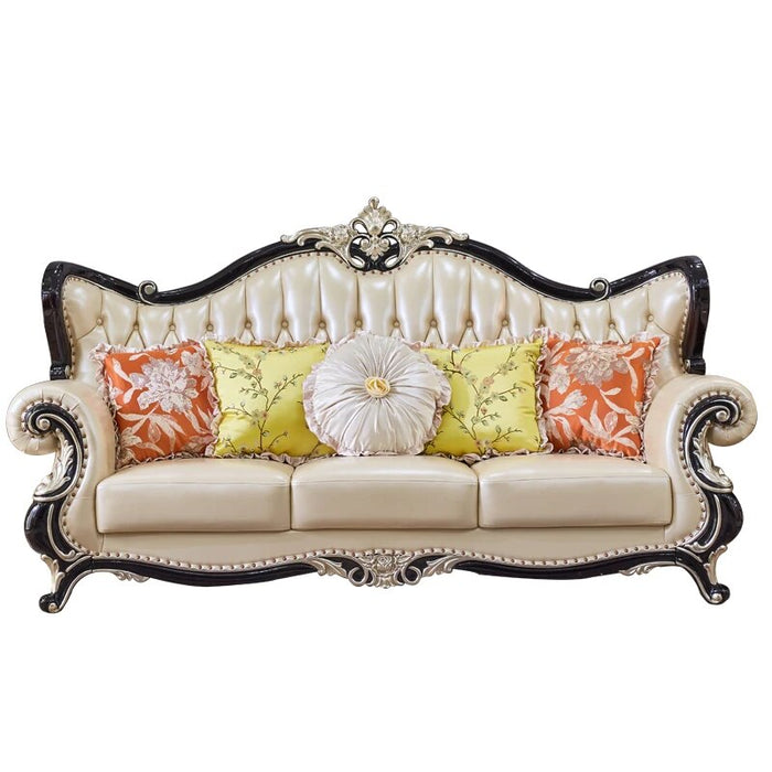European Style Real Leather Solid Wood Living Room Sofa Set 123 Combination Classical New Painted Oak Carving House Furniture