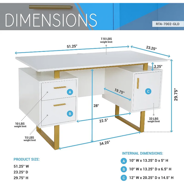 Storage Drawers and Cabinet 51.25” W-Modern Office Large Floating Desktop Surface Desk, White/Gold