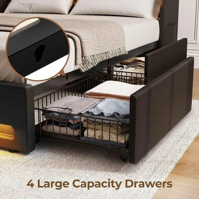 Bedroom bed frame with LED lights and charging station, easy-to-assemble upholstered with drawers, bedroom bed frame