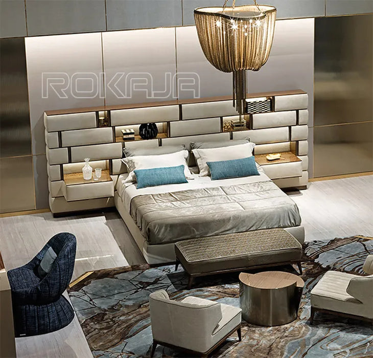 Hot Sales Luxury King Size Bed Five Star Hotel Bed Set Bed Frames With Integrated Table Big High Headboard Bedroom Sets