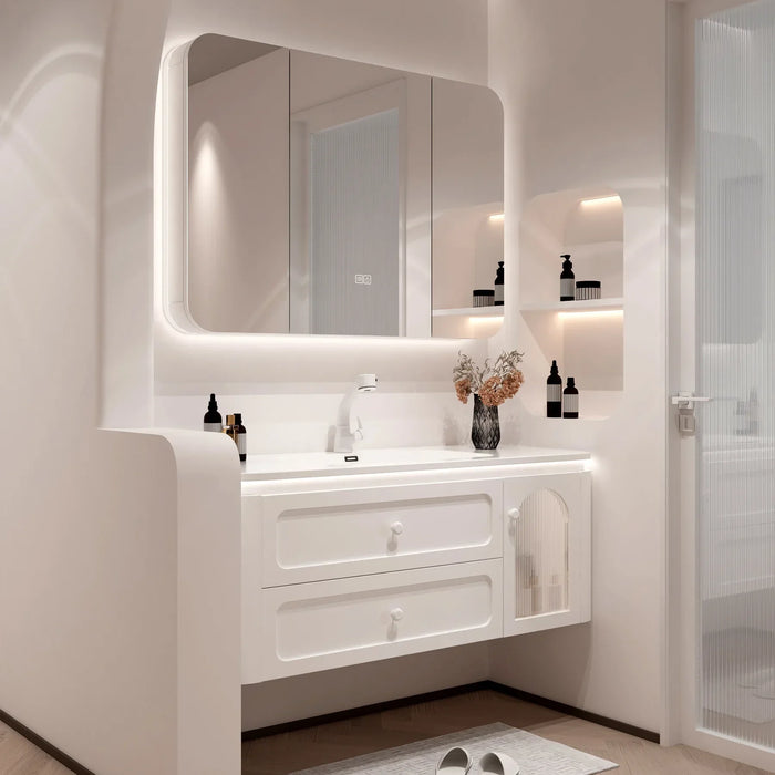 Bathroom Cabinet White Integrated Sink Smart Mirror Wall Mounted Countertop Combo Undermount Ceramic Vessel Chorme Faucet Drain