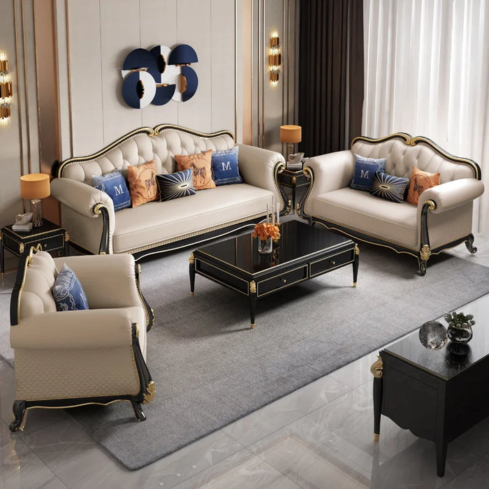 American high quality leather sofa combination light luxury style European solid wood carving sofa villa furniture
