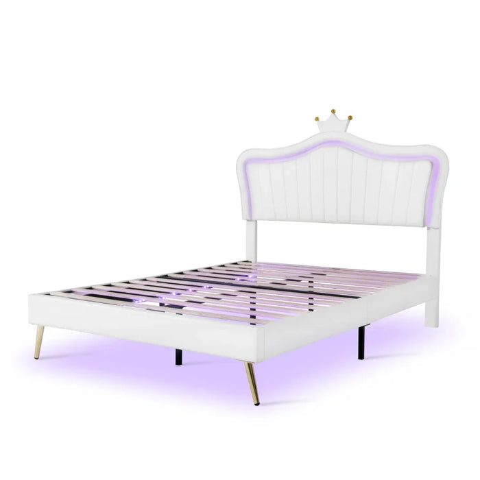 Bed,Princess Bed,Modern Comfrotable Upholstered Bed Frame with LED Lights and Crown Headboard Design,for bedroom
