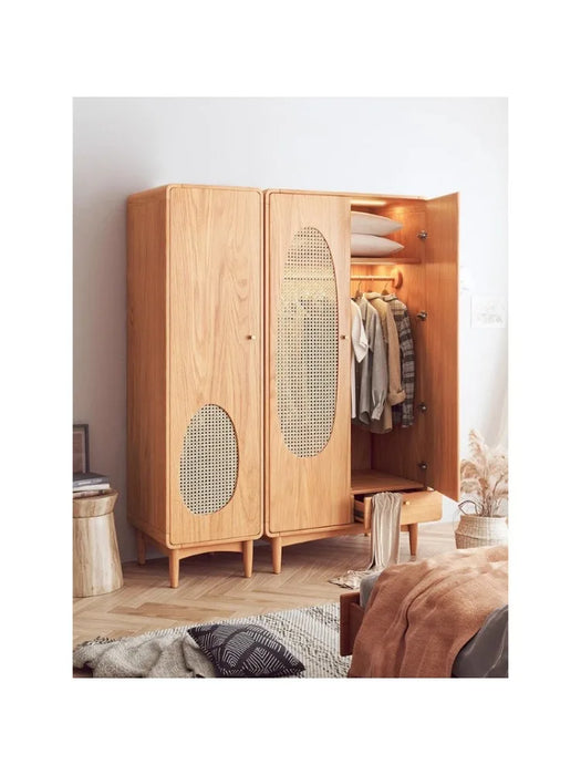 Nordic Rattan Solid Wood Wardrobe Cabinet Assembly Storage Household Double Door Hanging Pressing Wardrobe