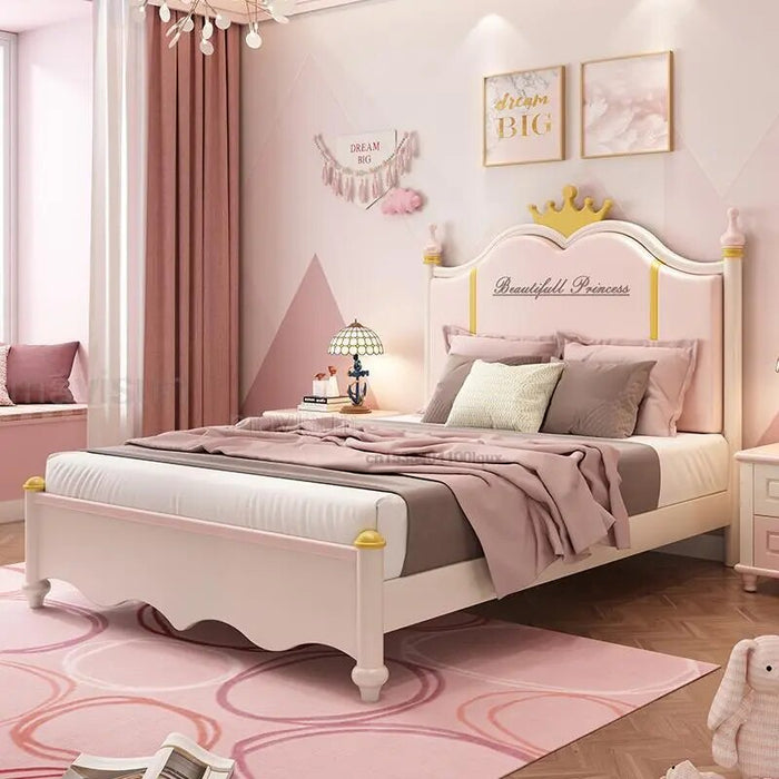 Nordic Modern Pink Children's Bed For Girl With Solid Wood Frame Loft Princess Bed 1.2m 1.5m Children's Room Furniture Set