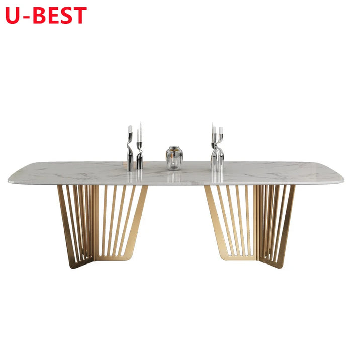 U-BEST European Style White Marble Stone Top Design Dining Table Modern Minimalist Rectangular Glossy Table Golden Furniture