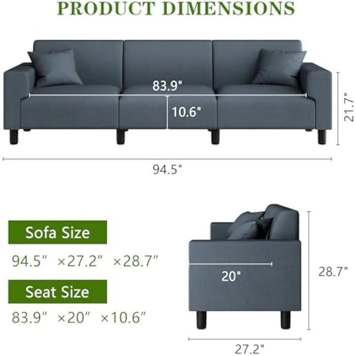 94 inch sofa, modern soft cushion, 3-seater deep cushion sofa, living room, lounge, sleeping chair sofa, with two pillows