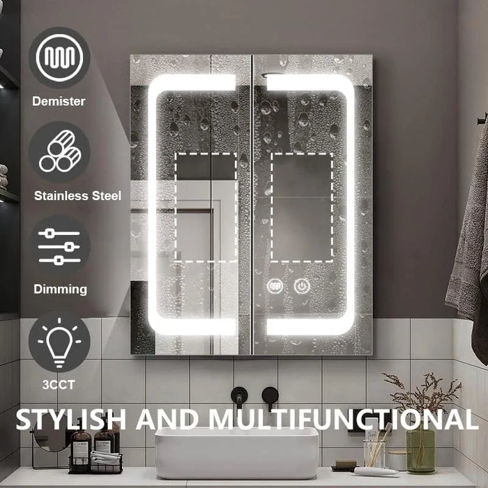 Janboe 24 Inch X 28 Inch Illuminated Led Mirror Cabinet for Bathroom Stainless Steel Wall Mounted Medicine Cabinet with Double T