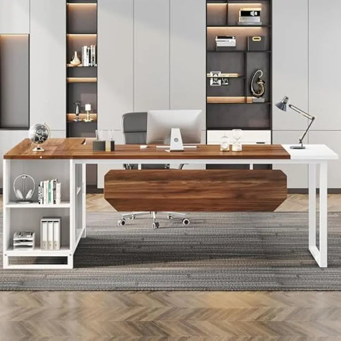 71" L Shaped Desk with 55" File Cabinet, Modern Executive Office Desk with Storage Shelves and Cabinet, Large L Shaped Executive